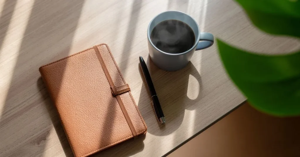 テーブルの上の手帳とコーヒー。考えているイメージ